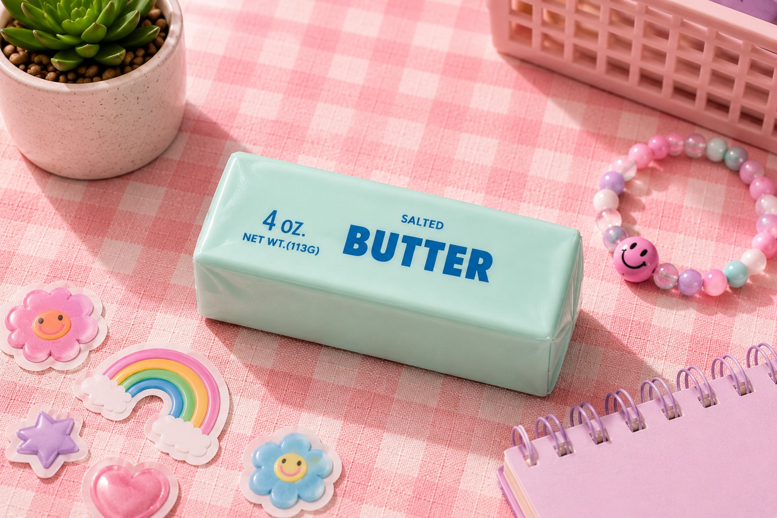 A mint crispy butter stick squishy on a pink gingham cloth with stickers and a beaded bracelet